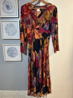 Vintage Carole Little Midi Dress Multi Floral Chiffon Gypsy Boho Hippie Size 8